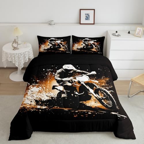 Feelyou Dirt Bike Queen Size Comforter Set for Kids Boys Girls Decor Motorbike Comforter Cover Breathable Soft Lightweight Microfiber Extreme Sports Fashion Motorcycle Bedroom Decor Quilt Set