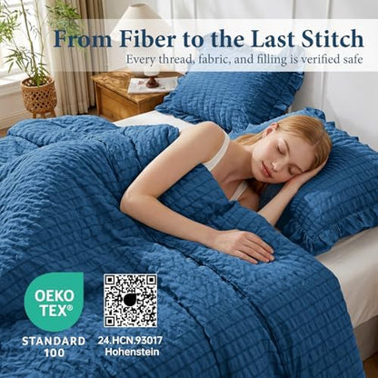 JOLLYVOGUE Teal Queen Comforter Set, 3 Pieces Seersucker Comforters Queen Size, Lightweight & Fluffy Bedding Sets Queen for All Season with 1 Ruffle Comforter and 2 Ruffle Pillowshams