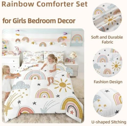Erosebridal Girls Rainbow Bedding Set, Sun and Stars Comforter Set Full for Kids Boys Children Cartoon Cloud Bedding Comforters Girly Soft Microfiber Machine Washable Duvet Insert for Bedroom Decor