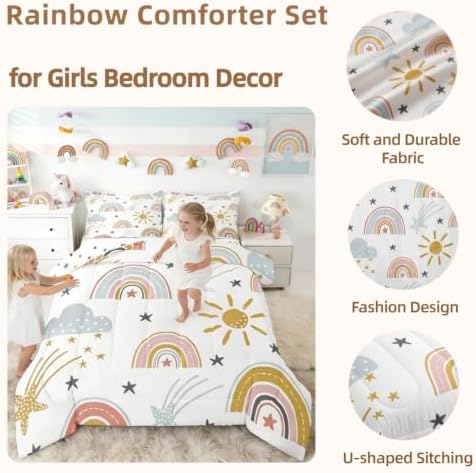 Erosebridal Girls Rainbow Bedding Set, Sun and Stars Comforter Set Queen for Kids Boys Children Cartoon Cloud Bedding Comforters Girly Soft Microfiber Machine Washable Duvet Insert for Bedroom Decor