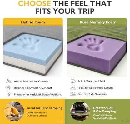 Kingfun 3 Inch CertiPUR-US Memory Foam Camping Mattress Pad, Waterproof Roll up Sleeping Pad, Thick Floor Sleeping Mats for Tent with Removable Travel Bag