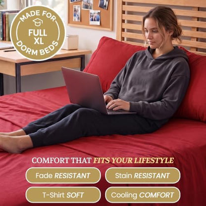 Full XL 100% Cotton Jersey Knit Sheet Set, 4PC, 15" Deep Pocket, Red