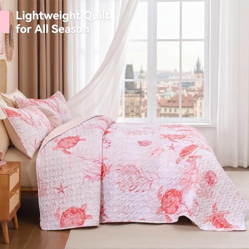 weigelia Coastal Quilt Bedding Set King Size - Lightweight Summer Bedspread in Pink Sea Turtle Coastal Decor, Soft Nautical Comforter for All Season for Coquette Room Decor Bedroom