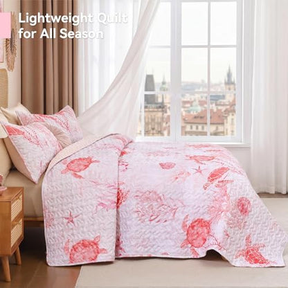 weigelia Coastal Quilt Bedding Set King Size - Lightweight Summer Bedspread in Pink Sea Turtle Coastal Decor, Soft Nautical Comforter for All Season for Coquette Room Decor Bedroom