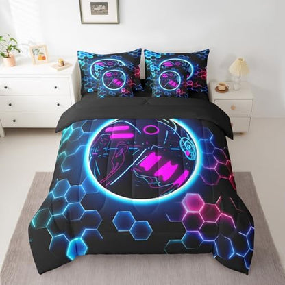 Erosebridal Bowling Games Comforter Sets with Sheets - Neon Ball Game Bedding Set Twin for Boys Girls Hexagon Honeycomb 7Pcs Bed in A Bag, Modern Geometric Bed Set