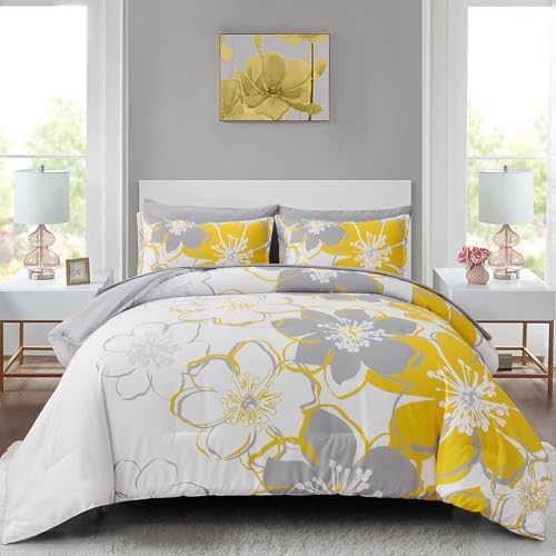 Anibedding Yellow Floral Comforter Set California King Size 7 Pieces Reversible Bed in a Bag with Sheets Set for All Season, Soft Microfiber Complete Bedding Set All Season