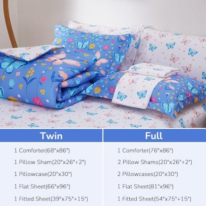 Viviland Kids Bedding Set Twin Size Comforter Sets, Bed in Purple Butterfly Cover Set for Children