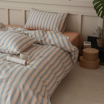 LifeTB Striped Comforter Set Twin XL Size, Fluffy Soft Blue Brown Stripes Pattern Printed Bedding Set, 3 Pieces Lightweight Bedding Comforter Set, Breathable Striped Bed Comforter with 2 Pillowcases