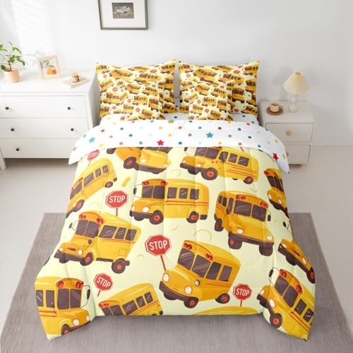 Erosebridal School Bus Full Bed in A Bag for Kids, Cartoon Truck Comforter Set with Sheets for Boys Girls Teens Youth Bedroom Decor, School Theme Bed Sets, Yellow Vehicle 7 Pieces Bedding Set