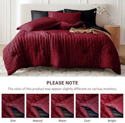 MUXHOMO 7 Pieces Oversized King Comforter Set, Seersucker Bed in a Bag Oversized King Size, All Season Luxury Bedding Set with Comforter, Flat Sheet, Fitted Sheet, Pillowcases & Shams, Red & Black