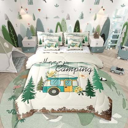 Erosebridal Camping Themed Comforter Set Queen Size,Travel RV Bedding Set for Kids Teens,Vintage Watercolor (Comforter+Fitted+Flat Sheet+2 Pillowcases+2 Throw Pillow Covers) 7 Pieces Bed Set