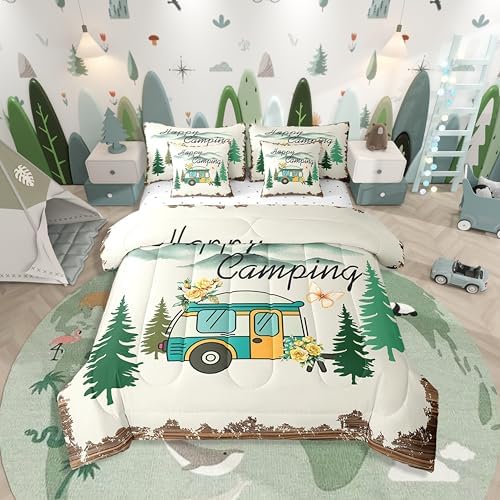 Erosebridal Camping Themed Comforter Set Full Size,Travel RV Bedding Set for Kids Teens,Vintage Watercolor (Comforter+Fitted+Flat Sheet+2 Pillowcases+2 Throw Pillow Covers) 7 Pieces Bed Set