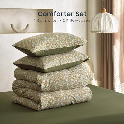 Wake In Cloud - Floral Comforter Set, Cute Vintage Flower Cottagecore Aesthetic for Women Teen Girls, Soft Lightweight Dorm Bedding, 3 Pieces, Olive Green, Full Size