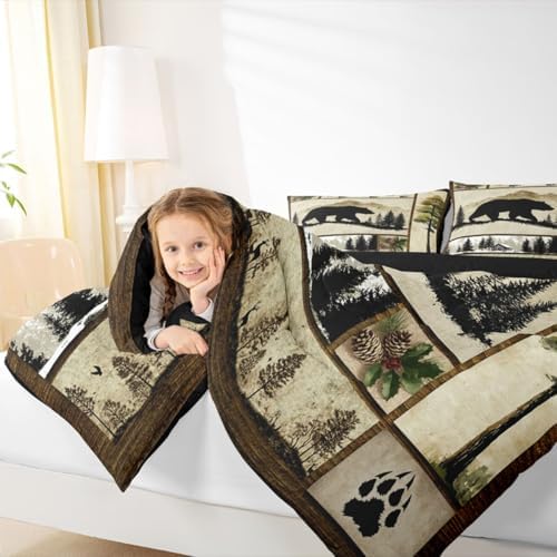Erosebridal Black Bear Comforter Set Twin Size Wild Animal Bear Deer Print Bedding for Boys Girls Men Hunting Themed Bedding Comforter Sets Grids Patchwork Decor Duvet Insert Western Farmstyle Quilt