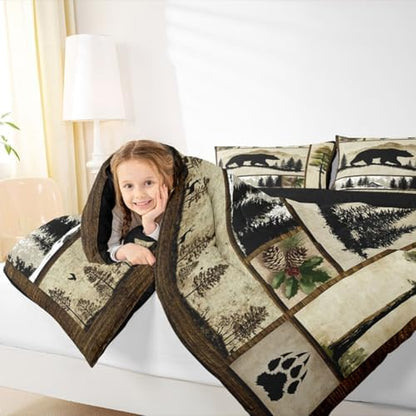 Erosebridal Black Bear Comforter Set Twin Size Wild Animal Bear Deer Print Bedding for Boys Girls Men Hunting Themed Bedding Comforter Sets Grids Patchwork Decor Duvet Insert Western Farmstyle Quilt