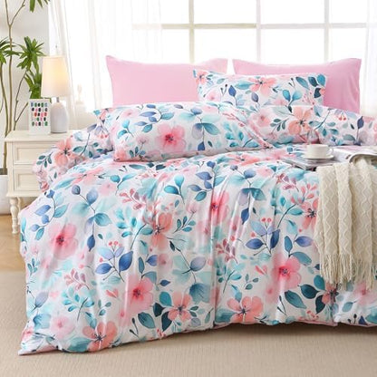 MUXHOMO Pink Blue Branch Full Comforter Set, Elegant Floral Print Bed in a Bag 7 Pieces, Ultra Soft & Breathable Reversible Botanical Pattern Bedding Set with Comforter, Sheets, Pillowcases, and Shams