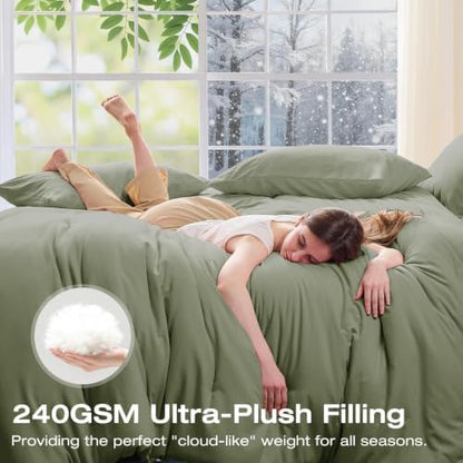 Sasttie Full Comforter Set 7-Piece Sage Green, Pre-Washed Bed in a Bag