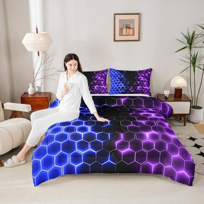 Feelyou Blue Purple Honeycomb Bedding Set Fluorescent Geometric Honeycomb Comforter Set Beehive Hexagon Comforter for Boys Girls Geometric Duvet Set King Size Quilt 3Pcs Boys