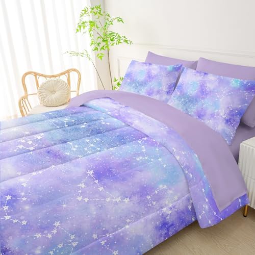 QOOMO Purple Galaxy 7 Pieces Comforter Set Queen,Purple Star Bedding Set
