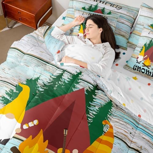 Erosebridal Kids Camping 7 Piece Bedding Set King,Kawaii Camper Gnomes Comforter Set Bed in a Bag,Vintage Farmhouse Wooden Board Flat Fitted Sheet,Jungle Trees Duvet Insert Reversible