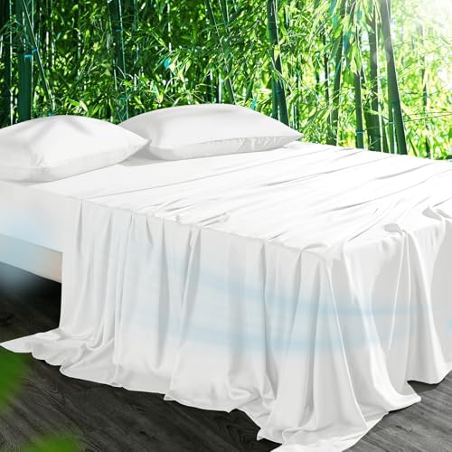 Cooling Sheets Set Cal King Size, Viscose Derived from Bamboo for Hot Sleepers | Deep Pocket Up to 16 Inch | Silky Soft & Breathable Bedding - 4PC (Cal King, White)