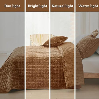 Quilt Set Queen Size 90x98 Luxurious Velvet Bedding Sets with 2 Pillow Shams 20x26 3 Pieces Ultra Soft Quilted Bedspread Coverlet Comforter for All Season,Caramel