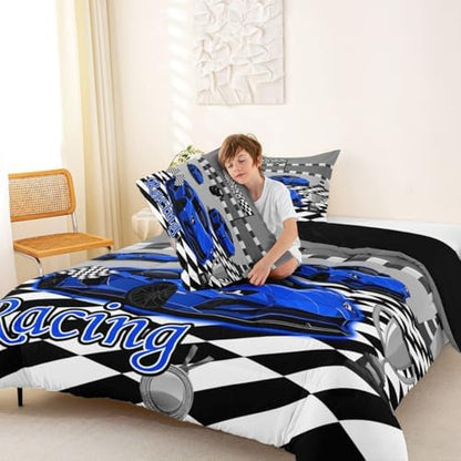 Feelyou Boys Race Car Comforter Set All Season Sports Racing Car Bedding Set with 2 Pillow Cases Extreme Sports Microfiber Kids King Bedclothes Bedroom Decor Duvet Quilt Breathable Soft Lightweight