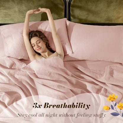 SONORO KATE 100% French Linen Queen Size Sheets Set,Natural Flax Bedding
