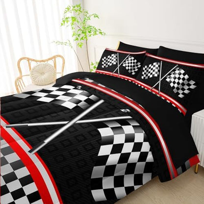 QOOMO Race Car 7 Pieces Comforter Set Queen,Racing Bedding Set for Kids