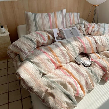 LifeTB Vintage Striped Comforter Set King, 3 Piece Multicolor Stripes Pattern Printed Comforter with 2 Pillowcases, Lightweight Soft Colorful Striped Bedding Set Farmhouse King Size Comforter Set