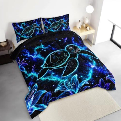 HOSIMA Neon Galaxy Sea Turtle Comforter Twin for Boys with 2 Pillowcases.