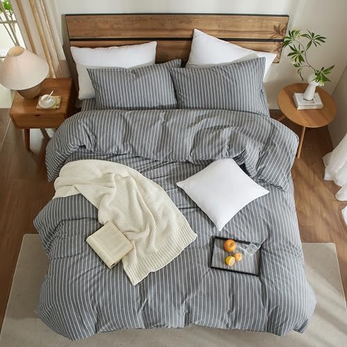 Striped Duvet Cover Set 100% Washed Cotton Linen Feel King