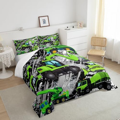 Excavator Down Comforter, Kids Boys Cartoon Car Comforter Set Full, Children Tractor Truck Duvet Sets Girls Construction Vehicle Bulldozer Bedding Set 3 Pieces with 2 Pillow Cases, Green Gray