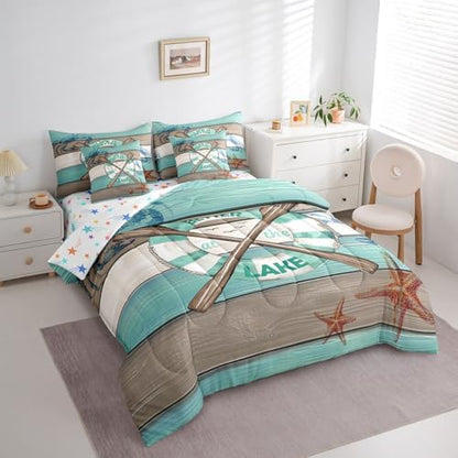 Erosebridal Boat Paddle Bedding Set for Kids Teens,Lake House Comforter Set King Size,Teal Wooden Plank (Comforter+Fitted+Flat Sheet+2 Pillowcases+2 Throw Pillow Covers) 7 Pieces Bed Set