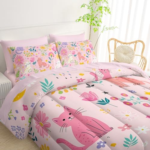 QOOMO Pink Floral Cats 7 Pieces Comforter Set Queen,Kawaii Cats Bedding Set