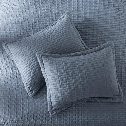 WDCOZY Dusty Blue Twin Size Quilt Set, Geometric Box Lightweight Bedspread, Soft Farmhouse Rustic Coverlet, Spring Summer Thin Comforter, Country Bedding, 68x90 inches