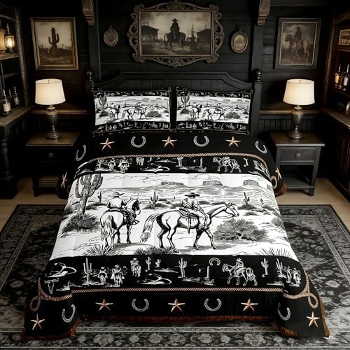 Manfei Western Comforter Set Queen Size, Cowboy Riding Horse Bedding Set 3pcs, Wild West Cactus Country Down Comforter for All Season Black White, Kids Boys Girls Room Decor, 2 Pillowcases