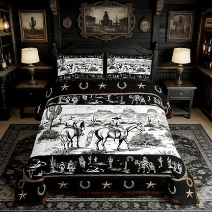 Manfei Western Comforter Set Queen Size, Cowboy Riding Horse Bedding Set 3pcs, Wild West Cactus Country Down Comforter for All Season Black White, Kids Boys Girls Room Decor, 2 Pillowcases