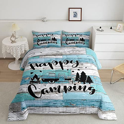 Camper Adventure Comforter Set Full Size,Happy Camping RV Trailer Decor Bedding Set 3pcs for Kids Boys Girls Adults,Rustic Farmhouse Wooden Door Down Comforter,Blue Retro Duvet Insert,2 Pillowcases