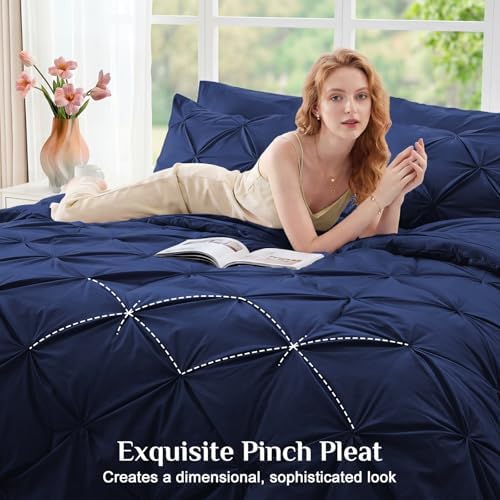 JOLLYVOGUE Full Size Comforter Sets 7 Pieces - Bed in a Bag Full for All Season, Pintuck Bedding Comforter Sets with Comforter, Flat Sheet, Fitted Sheet and Pillowcases & Shams, Navy