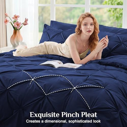 JOLLYVOGUE Full Size Comforter Sets 7 Pieces - Bed in a Bag Full for All Season, Pintuck Bedding Comforter Sets with Comforter, Flat Sheet, Fitted Sheet and Pillowcases & Shams, Navy