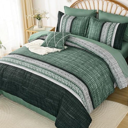Dintszyayue Green Comforter Set King Size, 8 Pieces Boho Striped Bed in a Bag Soft Microfiber Bedding Set for All Season