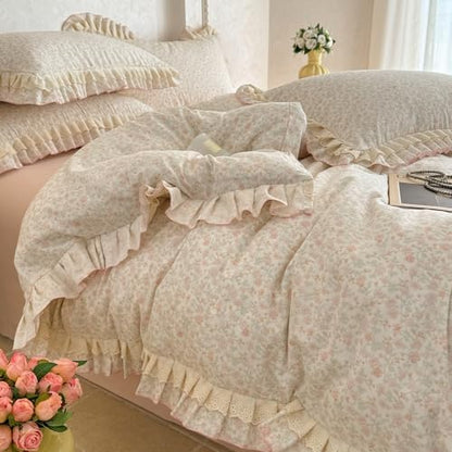 VM VOUGEMARKET Ruffle Duvet Cover Set Twin,Vintage Garden Floral Duvet Cover with 2 Pillow Shams,Double-Layer Gauze Cotton Bedding Set,Comfy,Breathable & Lightweight for Girls-68 x86