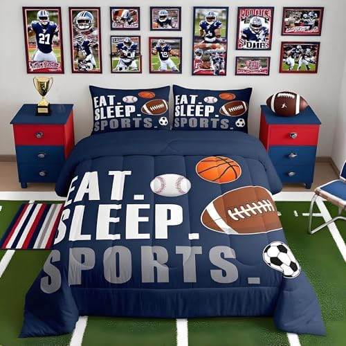 Feelyou Football Comforter Set Full Size Kids Basketball Baseball Soccer Comforter for Boys Girls Sports Theme Bedding Set Breathable Soft Navy Blue Duvet Quilted Ball Game Room Decor