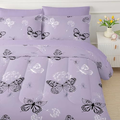 QOOMO Purple Butterfly Dandelion 7pcs Comforter Set Twin Size