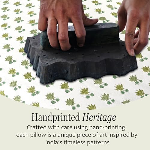 CPC Block Print Lotus Meadow Ruffle Cotton Lumbar Pillow Cover 14x36 inch
