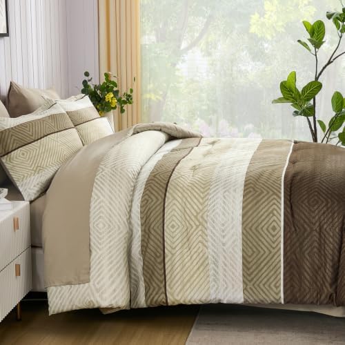 Comforter Set Queen Size 7 Piece Bed in a Bag Boho Chocolate Brown Striped Bedding Set Soft Microfiber Comforter and Sheet Set for All Season (Queen, 90"x90")
