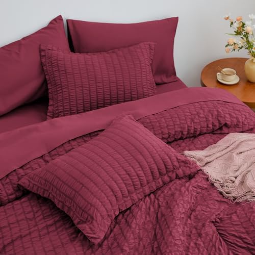 Love's cabin Seersucker Burgundy Full Comforter Set