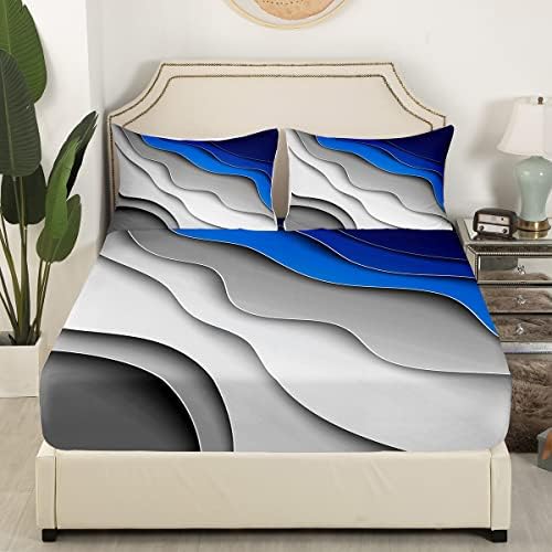 Feelyou Abstract Ombre Bed Sheets Men Adults Teens Ocean Waves Striped Blue Grey White Sheet Set Kids Boys Girls Modern Gradient Contemporary Bed Set Bedroom Collection 3Pcs Twin Size