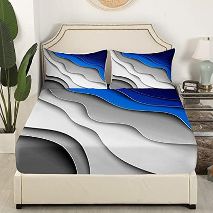Feelyou Abstract Ombre Bed Sheets Men Adults Teens Ocean Waves Striped Blue Grey White Sheet Set Kids Boys Girls Modern Gradient Contemporary Bed Set Bedroom Collection 3Pcs Twin Size